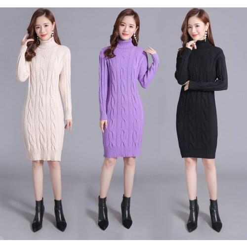 Women 2021 Autumn Winter Casual Slim Knitted Dress New Female Warm Elasticity Pullover Turtleneck Long Sleeve Pencil Dresses D90