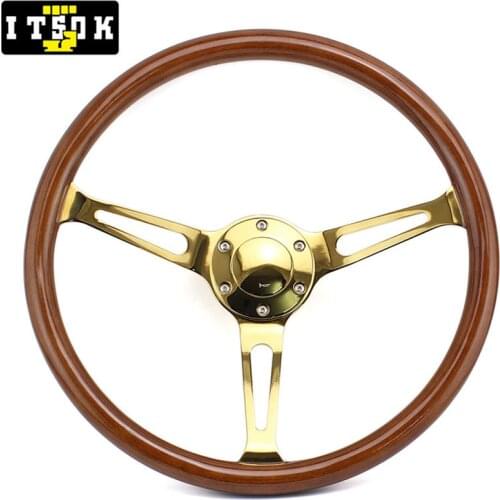 380mm Wood Steering Wheel Universal 15" Gold Spoke Chrome Iron Real Wooden Luxury Classic Vintage Hight Quality 15inch