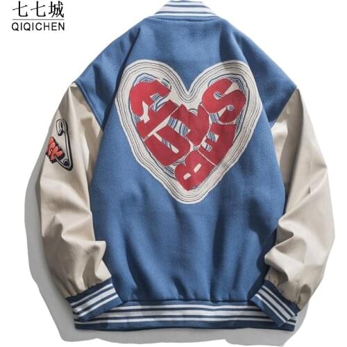 Heart Foam Print Baseball Jacket Men Women Oversize Street Varsity Jacket Unisex Mens Hip Hop Vintage College Bomber Coat 2021