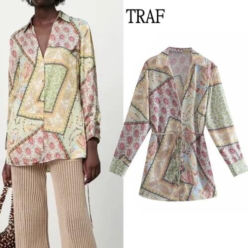TRAF Za 2021 Womens Shirt Summer Vintage Top Print Long Blouses Women Clothing Long Sleeve Buttons Loose Casual Female Blouses