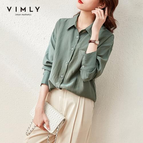 Vimly 2021 Spring Women Shirts Fashion Green Loose Single Breasted Pcokets Blouses Elegant Tops Female Blusas F6156