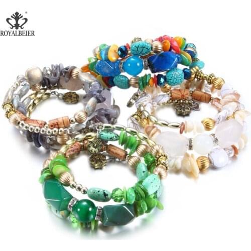 RoyalBeiery Brand Ladies Bohemian Multi-Layer Beads Charm Bracelet Retro Resin Stone Bracelet And Bracelet National Jewelry