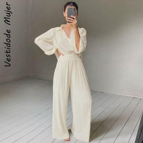 Pleated Blouse Wide Leg Pants Women Trousers Elegant Casual Palazzo Pants Elastic High Waist Ruched Pants Ladies 2 Pieces Set