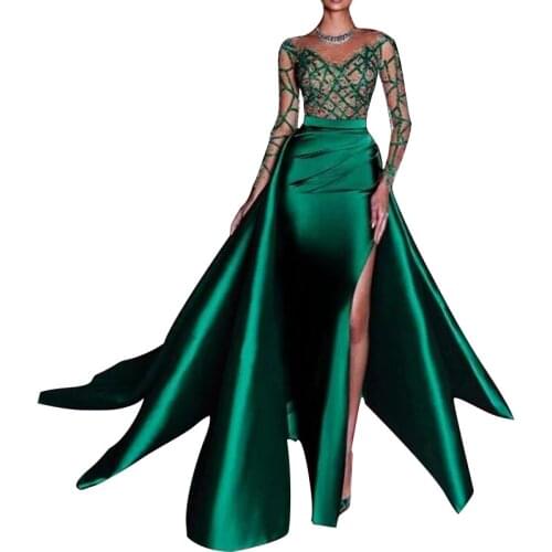 Elegant Mermaid Evening Dresses 2020 Emerald Green Formal Dress Full Long Sleeves Satin Sexy Slit Pearls Beads Party Prom Gowns