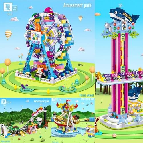 City Friend Mini Playground Building Block Carousel Roller Coaster Pirate Ship Bumper Car Model Set Figures Brick Gift Kids Toy
