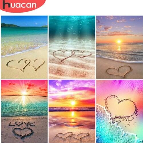 HUACAN Full Square/Round Diamond Painting Seaside Landscape Diamond Mosaic Heart Cross Stitch Home Art Wall Stickers