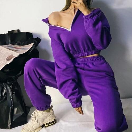 Zipper Stand Collar Fleece Womens Tracksuit Sets Solid Long Sleeve Women Short Seatshirt Suit 2021 Spring Casual Lady Pants Set