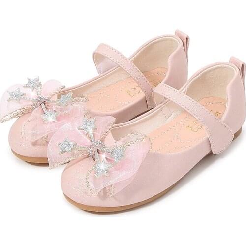 Girls' Leather Shoes 2021 New Soft-soled Princess Shoes Mesh Bow-knot Girl Performance Shoes for Party Flats Crystal for Wedding