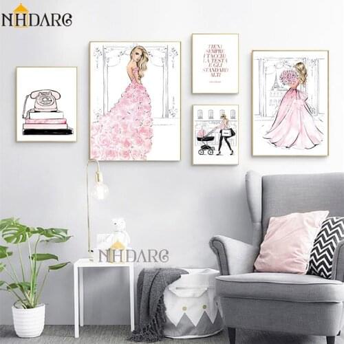 Pink Flower Wedding Dress Fashion Poster Young Married Woman Print Canvas Art Painting Wall Picture Modern Girl Room Home Decor