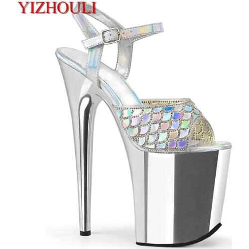 Fashionable fish-scale upper, 8 inch heels, sexy 20 cm blue electroplated stiletto heels, model pole dancing sandals