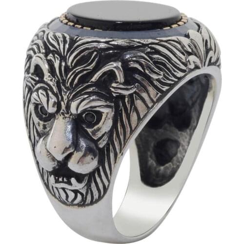 Lion Patterned Black Onyx Stone Silver Mens Ring Surrounded by Blue Zircon Gemstone Ring Exclusive Ring for Men