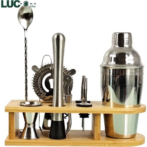 Cocktail Shaker Bar Tools Set Barware Bartender Shakers Kit Jigger Mixer Muddler Pourer Spoon with Bamboo Stand