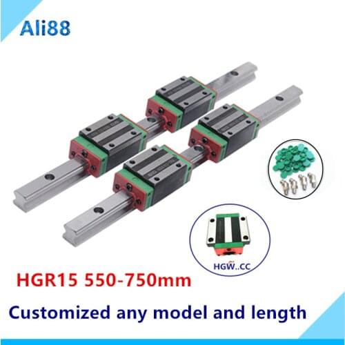 2pc Linear Rail Guide HGR15 HGH15 any length+4pc HGH14CA Linear Narrow/Flange carriges Sliding Block HGW15CC cnc parts
