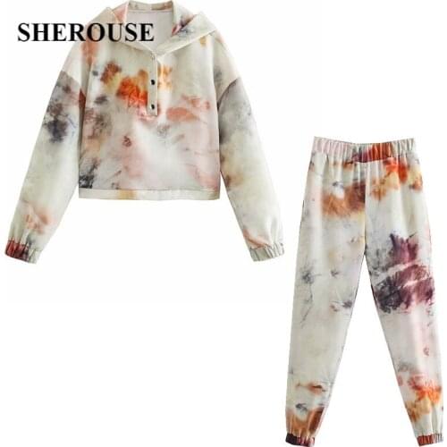 2021 New Women 2 Pieces Set Tie Dye Long Sleeve Hooded Sweatshirt Long Trousers Suit Chic Lady Fashion Casual Women Clothes