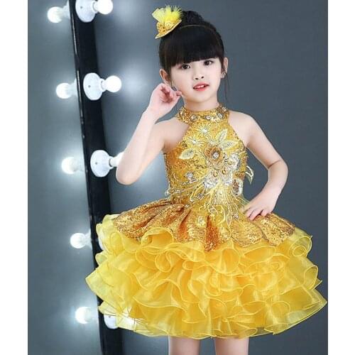 Toddler Girls' Ruffles Short Cupcake Pageant Cute Dresses Lavender Red Yellow Cheap Dance Costume Baby Girl Sequin Dress