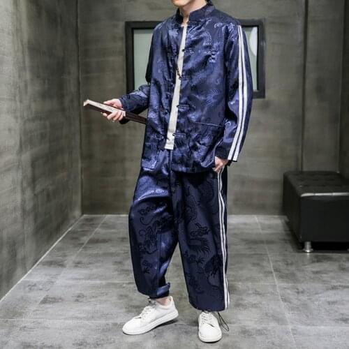 Autumn and Winter Chinese Style Mens Ice Silk Suit Two-piece Set Retro Tang Suit Large Size Casual Mens Long Sleeve Top+ Pants