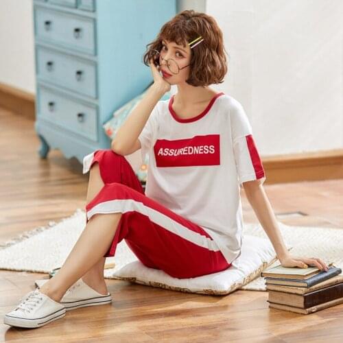 Women cotton pajamas Korean summer short sleeve trousers thin casual fresh and lovely ladies pajamsa sets pajamas pajama set