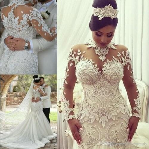 Arabic Mermaid Trumpet Wedding Dresses High Neck Long Sleeves 3D Floral Appliques Lace Tiered Skirts Bridal Gowns Sweep Train
