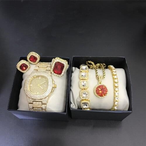 Luxury Men Gold Watch & Neckalce & Braclete &Ring &Earrings Combo Set Ice Out Cuban Jewerly Crystal Miami Necklace Chain For Men