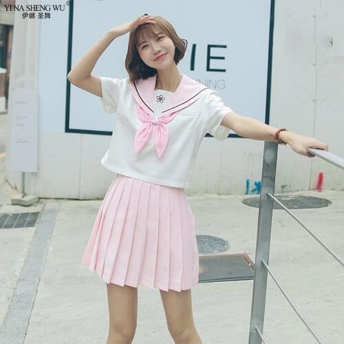 Japanese School Uniform JK Uniform School Girl Sailor Suit Top Skirt New Female Student Anime COS Short Sleeve Sakura Light Pink