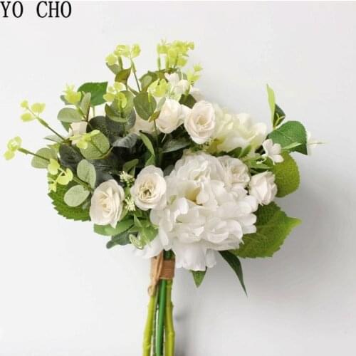 YO CHO Green Leaves Silk Rose Artificial Flowers Home Decor Imitation Fake Flower for Garden Plant Desk Decor Faux Fabric Flower