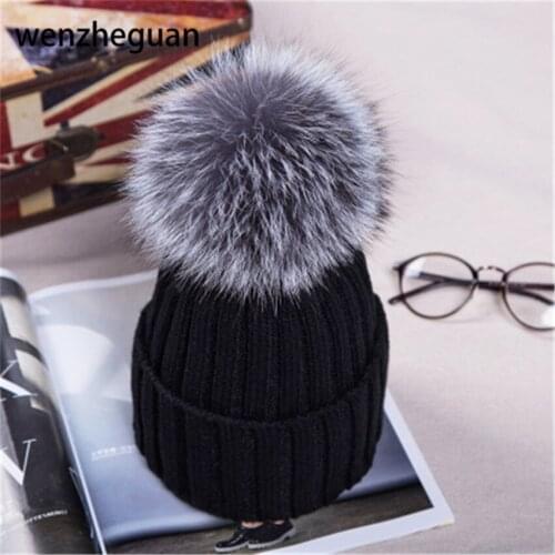 15CM Womens Hats Natural Silver Fox Fur Ball Hat Pompom Woollen Cap Lady Thickness Warm Cap Headgear Knitted Skullies For Gift