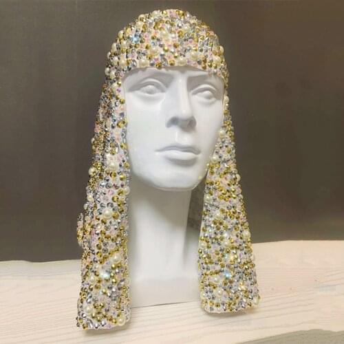 2020 Rhinestone Pearls Headwear Chain Wig Headgear Flash Diamond Costume Hat Women Dance Costume Jazz Dance Accessories DQS4764