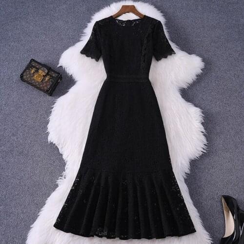 Women Black Lace Dress Short Sleeve Floral Hollow Out Mermaid Church Dresses Spring Summer 2021 Fashion