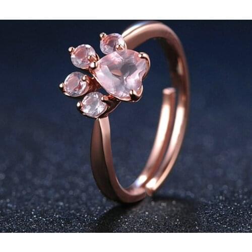 Cute Bear Paw Cat Claw Opening Adjustable Ring for Women Romantic Wedding Pink Crystal CZ Love Gifts Jewelry Rose Gold Party 2mm