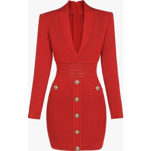 Autumn Sexy Long Sleeve Dress Winter 2020 New Deep V Neck Temperament Gold Button Black Red Lapel Knitted Pencil Dress Women