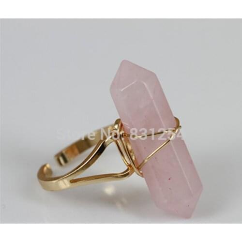 1pc Natural Quartz Gem Stone Finger Ring Gold Color Color Wire Wrapped Druzy Gem Charm Pink Crystal Ring Fashion Statement
