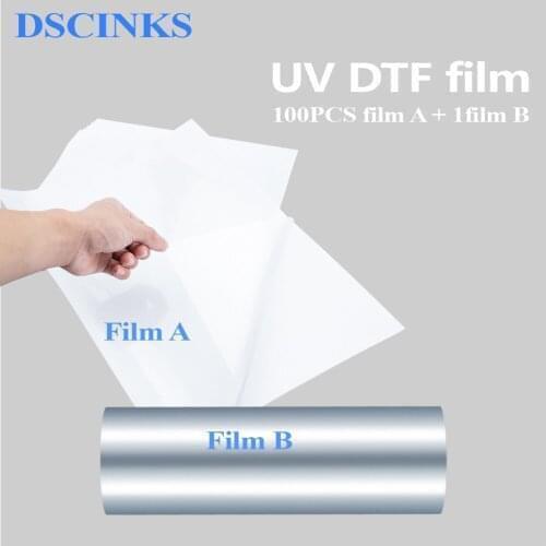 100PCS A4 uv DTF film A + 1 Roll film B 31cm x 50M Stick to phone case metal glass UV Transfer Film DTF printer Shape surface