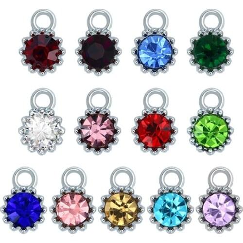12pc/lot silver color Flower Shape Birthstone Charm Birthday Stone DIY Charms For Keychain Necklace Making