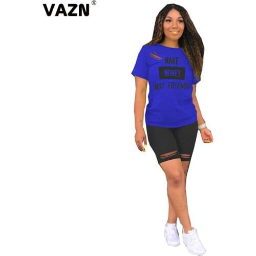 VAZN 2020 Hot Summer Hollow Out Letter Print Casual Women Short Sleeve Short Pant 2pcs Set Sport Women Running Tracksuit