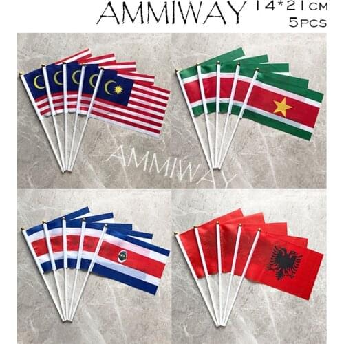 AMMIWAY 14x21cm 5pcs Malaysia Surinam Polyester Small Size Flying Hand Flag Costa Rica Albania National Flag with Plastic Pole