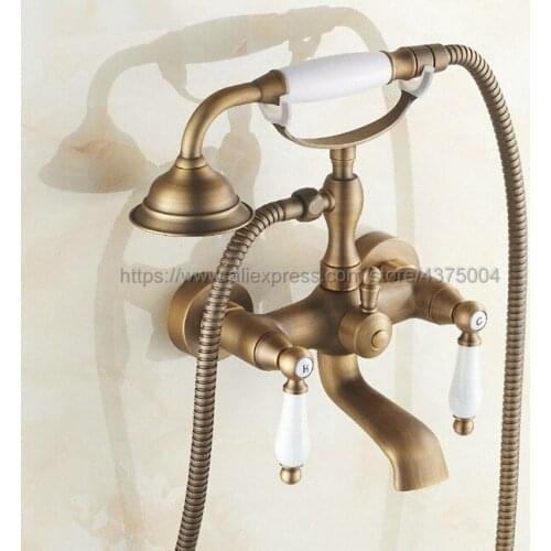 Antique Brass Wall Mount Bathroom Bath Tub Faucet Mixer Tap Ceramic Handle Hand Shower Head Ntf152