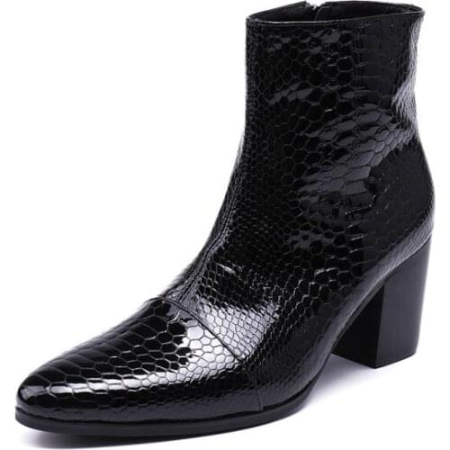 Men High Heels Embossed Patent Leather Boots Shoes Mens Pointed Toe Zipper Black Snakeskin Pattern Boots Big Yards 44 45 46
