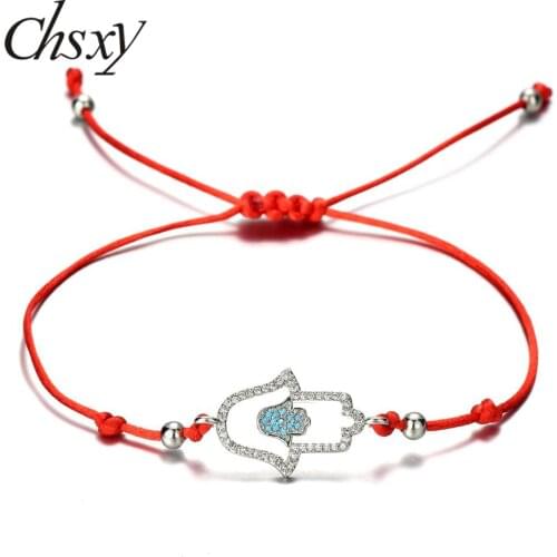 CHSXY Turkish Fatima Hand AAA Cubic Zirconia Charm Bracelet 3 Color Metal Hamsa Braided Red String Bracelet Amulet