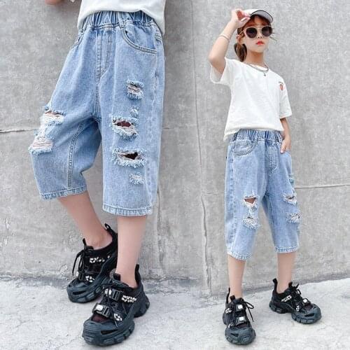 4 To 17 Years Kids Girls Jeans Spring Summer Fashion 2021 Children Broken Hole Knee Length Denim Trousers Teenagers Girl Clothes