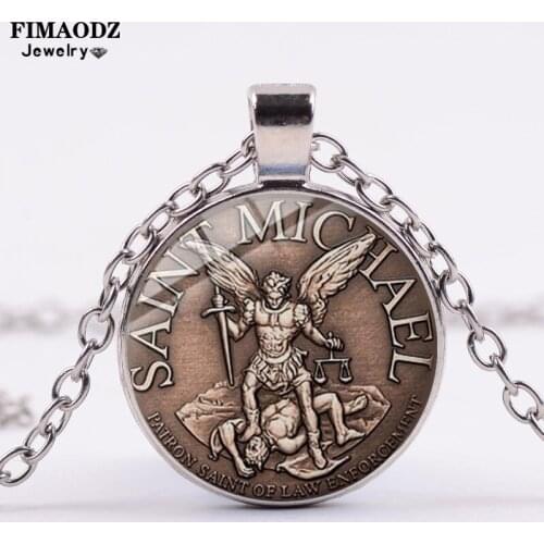 FIMAODZ Vintage Archangel St.Michael Necklace Protect Me Saint Shield Angel Protection Crystal Pendant Amulet Christian Jewelry