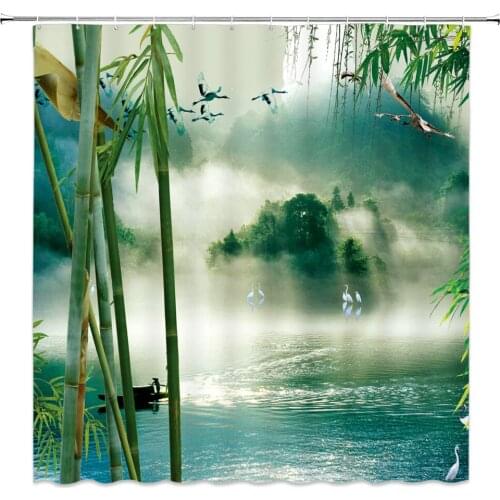 Chinese Style Shower Curtains Mountain Water Bamboo Forest Swans Nature Scenic Bathroom Decor Waterproof Cloth Curtain Set