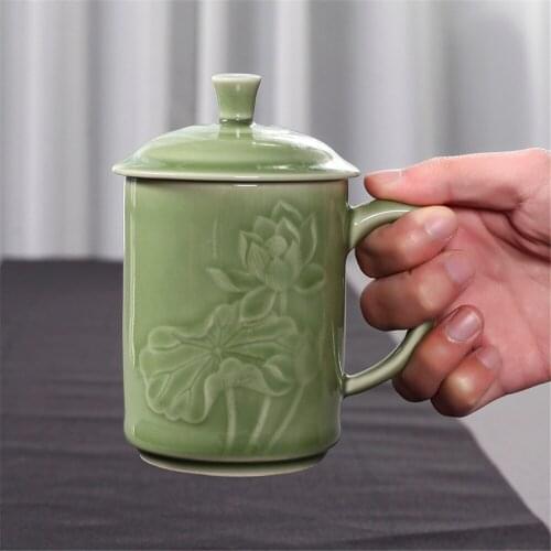 Coffee Mugs Teacups 13.5oz Cup with Lid Microwave and Dishwasher Safe Chinese Porcelain Drinkware Embossed with Lotus Ceramic