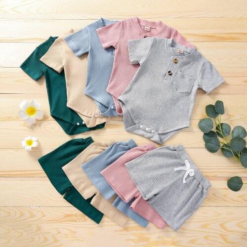 2Pcs Unisex Baby Girls Boys Summer Outfits 2021 New Solid Color Short Sleeves Romper+Elastic Waist Shorts for Toddler Infant