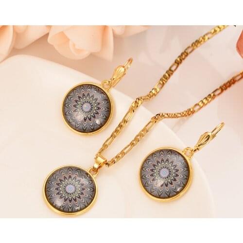 Gold crystal totem religious coin belief personality set woman/girl necklace earring set wedding bride jewelry holiday gift set