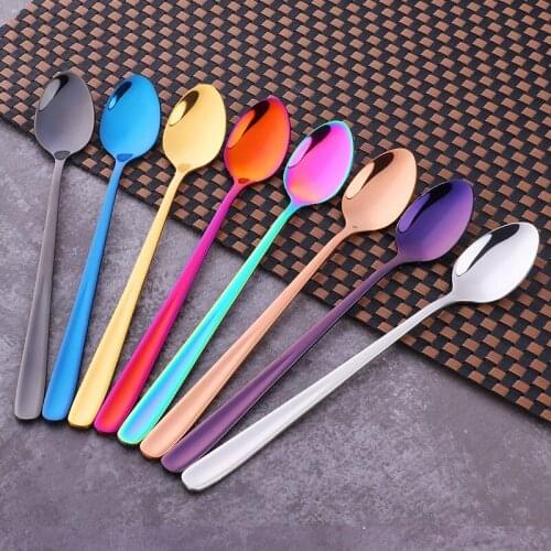 8pcs/set 304 Stainless Steel Ice Scoop Titanium Plated Color Ice Cream Scoop Korean Style Long Handle Bartender Mixing Spoons