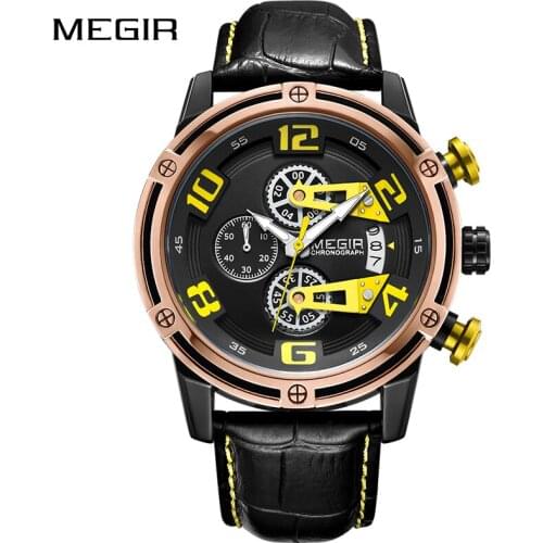 MEGIR Creative Big Dial Chronograph Sport Watch Men Leather Quartz Male Clock Military New Wristwatch Reloj Hombre Montre Homme