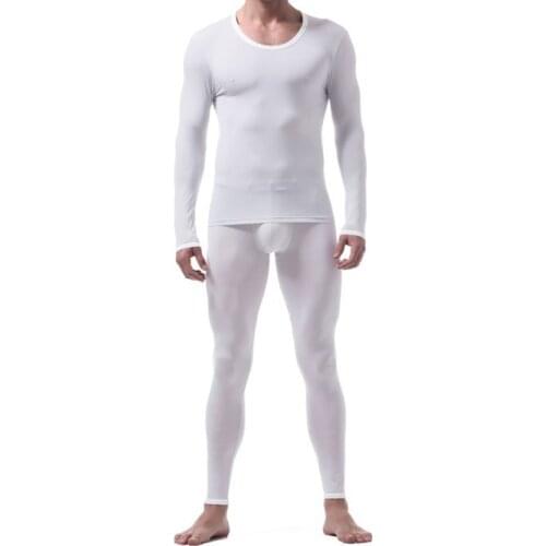 Men Undershirts Set Ultra-thin Ice Silk Sexy Male Underwear Long Sleeve Top + Trousers Sleepwear Pajamas Soft Breathable Sets