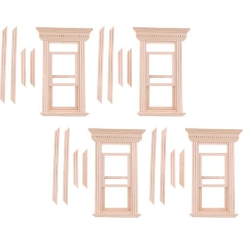 Retro 4 Set 1/12 Dollhouse DIY Accessories Unpainted Movable 2-Pane Sash Window Frame Dolls House Room Decoration