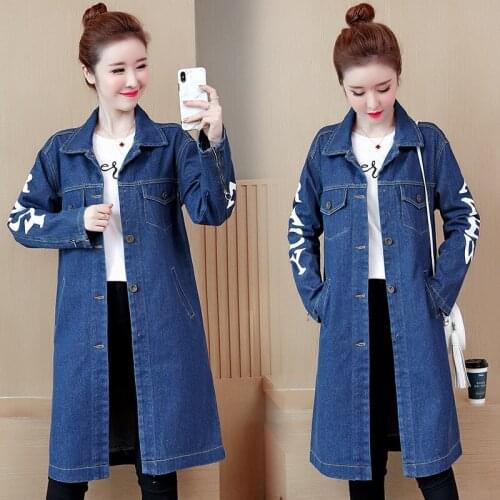 New Spring Autumn Women Coats Plus Size Fashion Casual Loose Single Breasted Letter Jeans Trench Coat For Women Denim Outerwear
