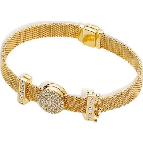 NEW 100% 925 Sterling Silver Reflexions Bracelet Set Shine Gold Crown Elegant Fit European DIY Original Charm Bead Jewelry Gift